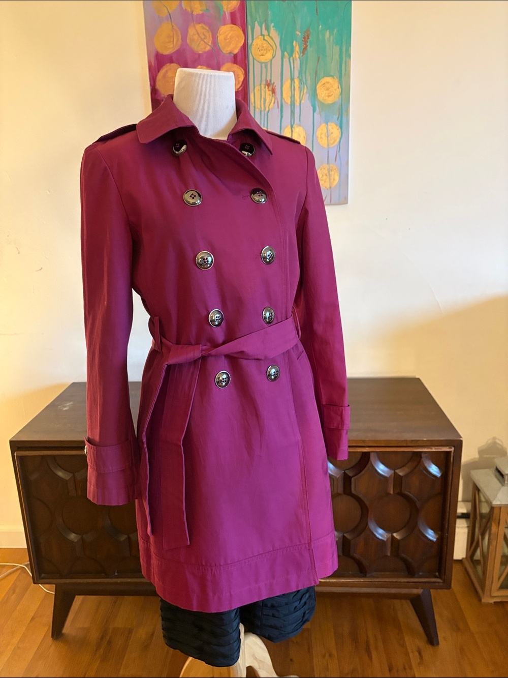 Larry Levine Fuchsia Double-Breasted Trench Coat with Tie Belt